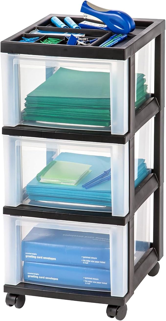 IRIS USA Plastic Drawer Storage Organizer Rolling Cart, 2-Pack, with Wheels Casters, 3-Drawers, for Classroom Art Craft Supplies Dresser Closet Bathroom Laundry Room, Black/Clear