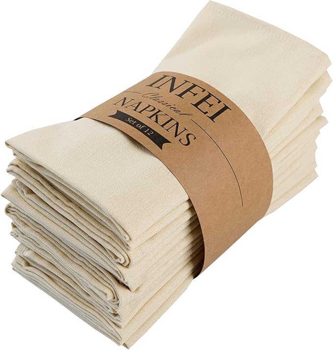 Solid Color Cotton Blended Dinner Cloth Napkins - Set of 12 (17 x 17 inches) - for Events & Home Use (Beige)