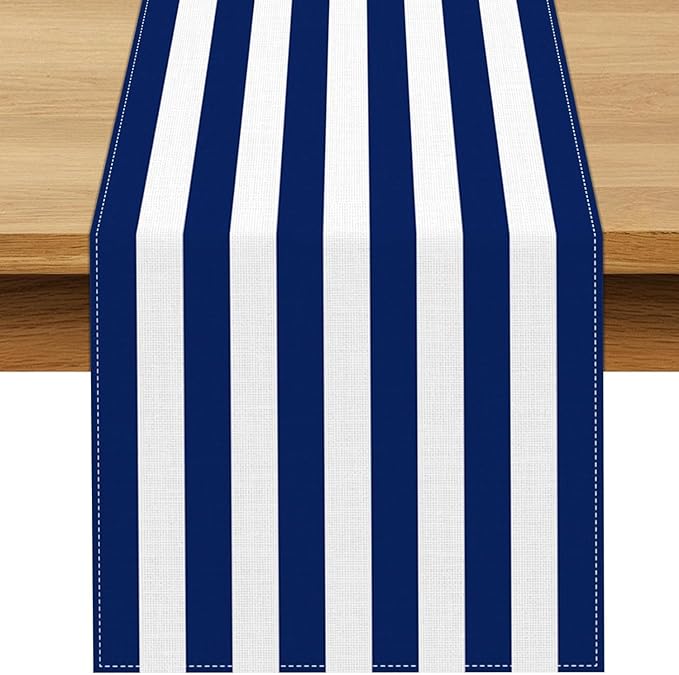 Navy Blue and White Striped Table Runner Nautical Theme Birthday Party Decoration Wedding Dining Room Home Kitchen Table Decor (Navy Blue, 13" x 108")