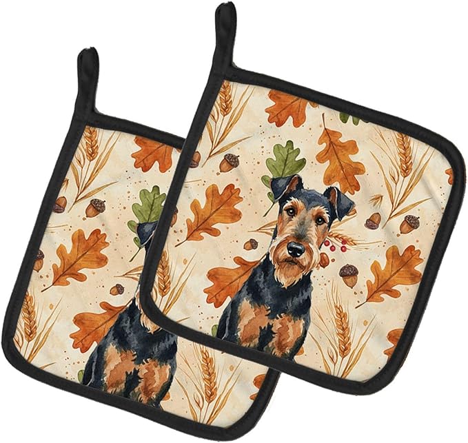 Caroline's Treasures Airedale Terrier Heirloom Fall Pair of Pot Holders Pair 7.5x7.5 Quilted Insulated Hot Pads Decorative Kitchen Gift Made in USA
