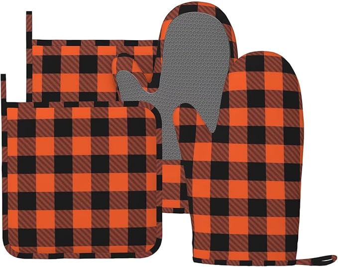Buffalo Plaid Black and Orange Oven Mitts and Pot Holders Set, 4pcs Silicone Black Orange Plaid Oven Glove for Kitchen Heat Resistant Oven Mitts and Potholders Non-Slip for Cooking