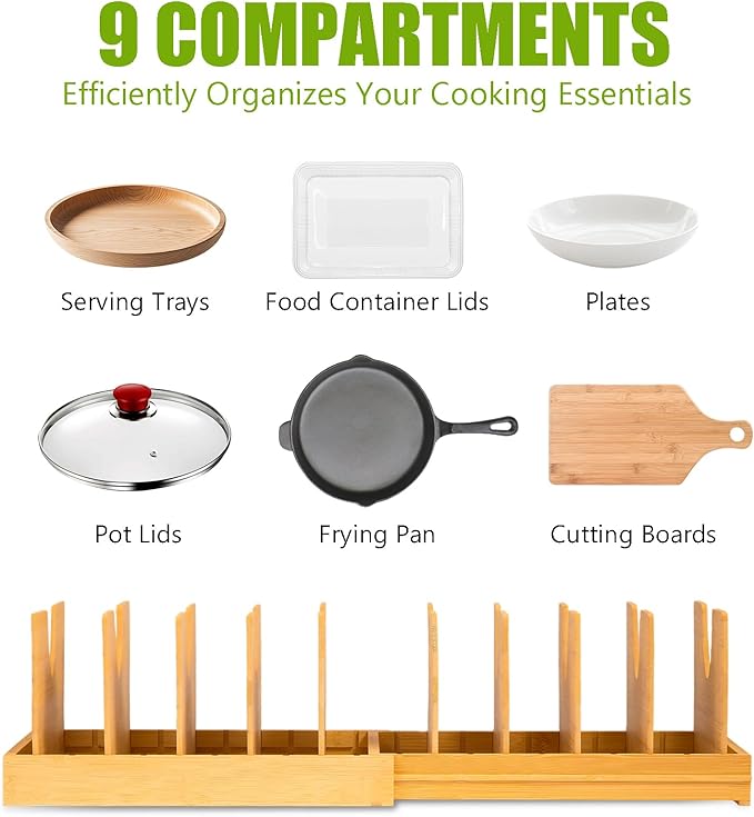 Pots and Pans Organizer for Under Cabinet - Expandable Bamboo Pot Lid Organizer, Pan Organizers inside Cabinet, Drawer Pot Lid Holder Rack for Kitchen Organization and Storage