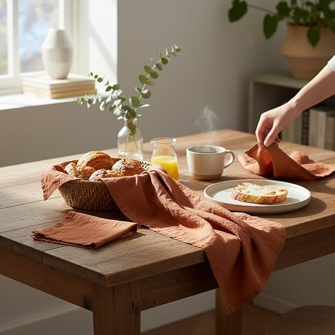 Linen Kitchen Dish Towels – 20” x 27” – 100% Pure Stonewashed Linen Hemstitch Hand Towel/Tea Towel - Set of 2 (Rustic Orange)