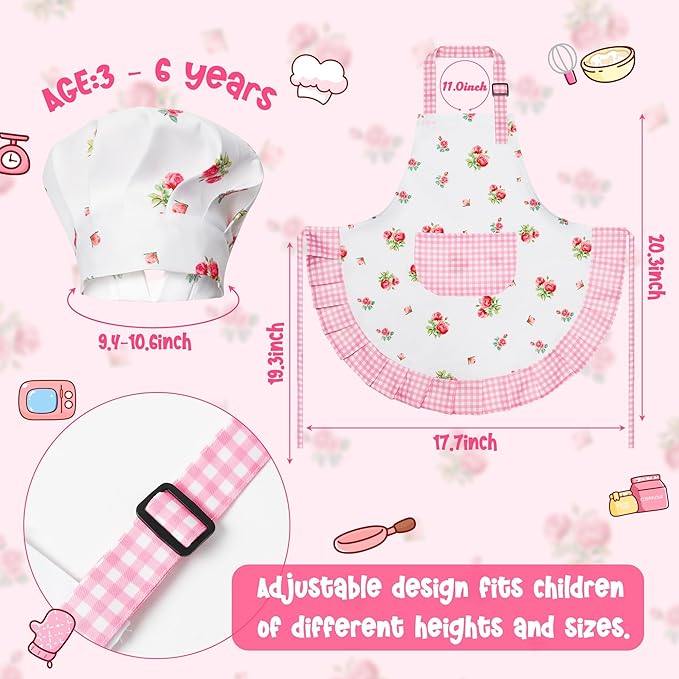 R HORSE Kid Apron and Chef Hat Set - 2Pcs Plaid Floral Adjustable Children Kitchen Toddler Apron for Girls, Role Play Chef Toy Cooking Baking Painting and Training Kit Kid Funny Cooking Birthday Gift