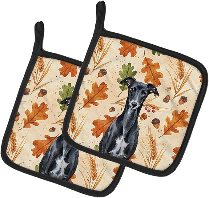 Caroline's Treasures Black Whippet Heirloom Fall Pair of Pot Holders Pair 7.5x7.5 Quilted Insulated Hot Pads Decorative Kitchen Gift Made in USA