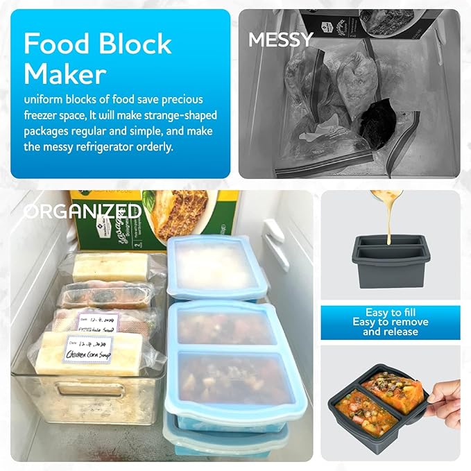 ZIP STANDING Silicone Freezer Trays with Lids, Set of 4 - with 1cup and 2 cup Silicone Freezer Molds for freezing soups, sauces and individual microwave safe