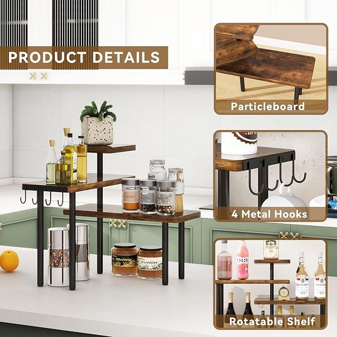 IBUYKE Countertop Organizer,3-Tier Spice Racks,Set of 2,Kitchen Counter Corner Shelf,4 Side Hooks,Adjustable Countertop Shelf for Kitchen, Bathroom, Coffee Bar, Cabinet, Desk,Rustic Brown,TLJ023H-2