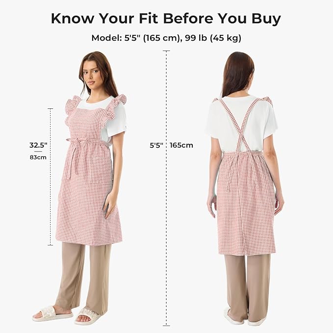 Vintage Gingham Apron for Women, Ruffle Straps, 2 Pockets, Soft Cotton, Apron Dress Style for Cooking & Baking
