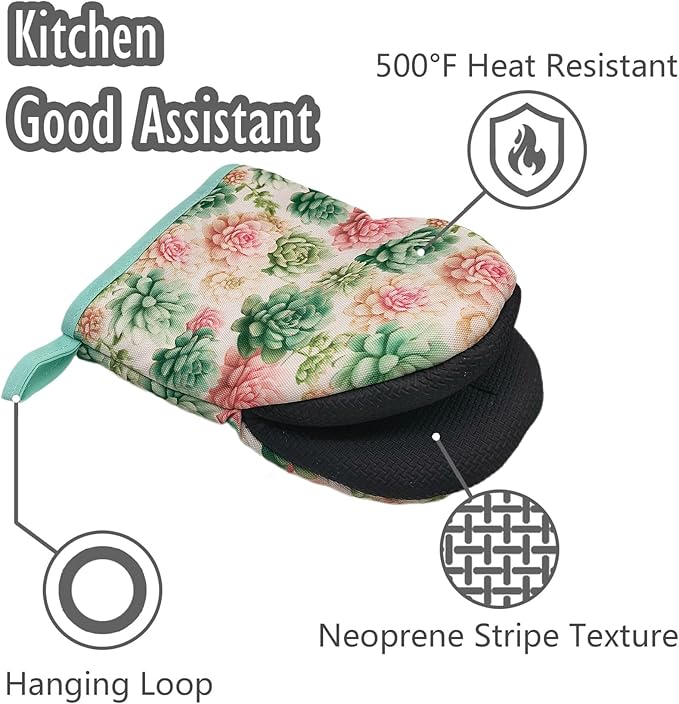 Succulents Oven Mitts, High Heat Resistant Kitchen Oven Gloves, Mini Silicone Oven Mitts, Non-Slip Grip Surfaces and Hanging Loop for Grilling, Baking, Cooking and Microwave, Gift