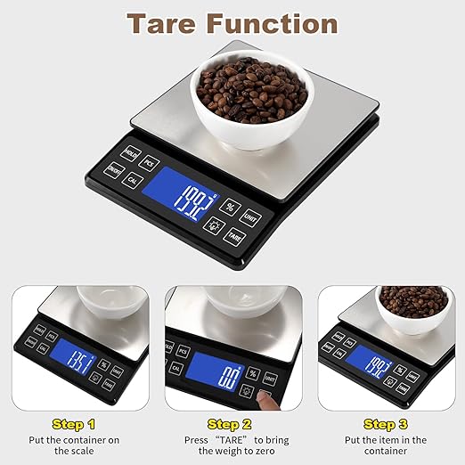 SEMIER Digital Kitchen Scale with 0.1g/0.001oz High Precision, 5kg/11lb Food Bakery Scale with% Percentage Function, Tare Function, USB Rechargeable or AAA Battery Power, Stainless Steel Pan