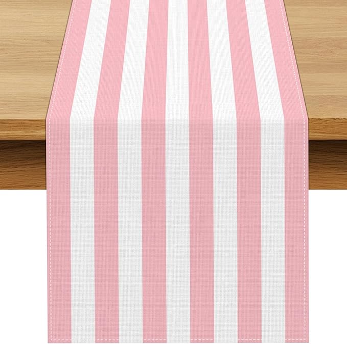 Pink and White Vertical Striped Table Runner Light Pink Birthday Party Decoration Baby Shower Dining Room Home Kitchen Table Decor (Pink, 13" x 90")