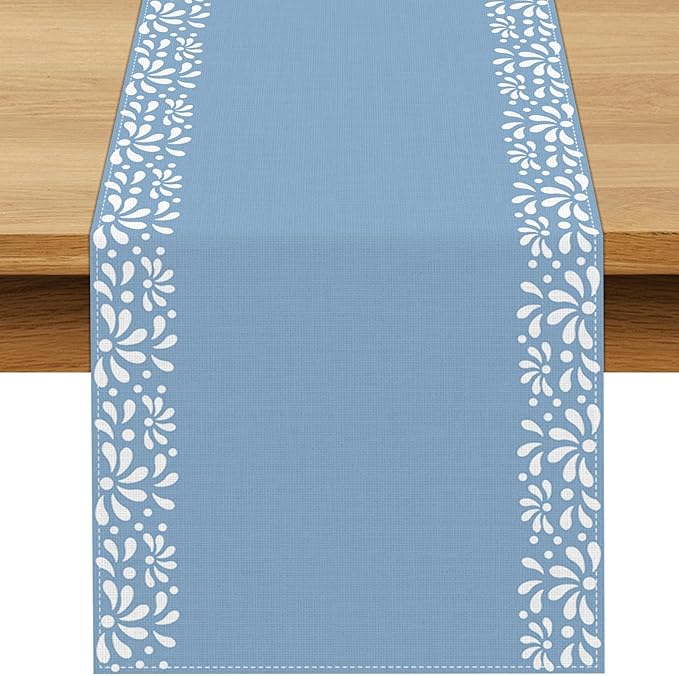Blue Cielito Lindo Table Runner Mexican Boys Baby Shower Decoration Talavera Fiesta Mexicanos Dia De Los Muertos Dining Room Home Kitchen Table Decor (Blue, 13" x 72")
