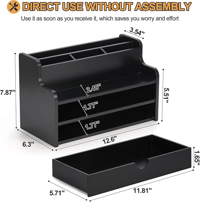 Mail Organizer Countertop, 4 Slots Desk Organizer with Drawer and Shelf, Wooden Mail Sorter for Desk, Desktop File Holders for Storage Pens, Envelopes and Bills