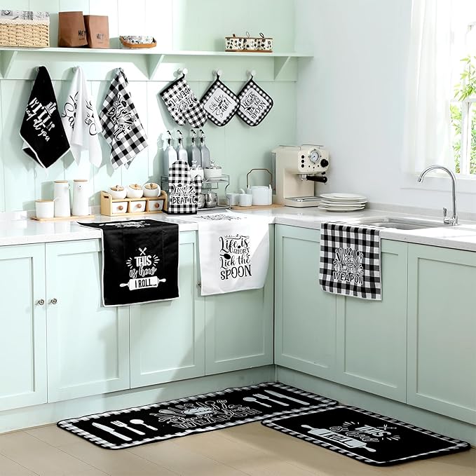 Fourluoo 12 Pcs Checkered Buffalo Kitchen Oven Mitts and Pot Holders Black and White Dish Towels Farmhouse Kitchen Decor Accessories Set for Chef Baking Cooking Grilling BBQ Women Mom Gift