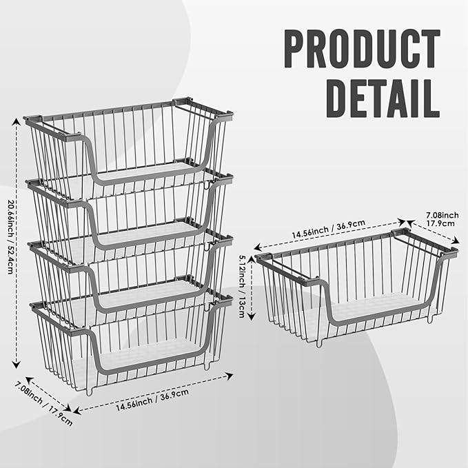 GAOKASE 4 Pcs Stackable Wire Baskets for Pantry Organizers and Storage,Vegetable Fruit Basket for Countertop,Kitchen Storage Metal Baskets,Produce Potato Onion Storage Bin,Gray