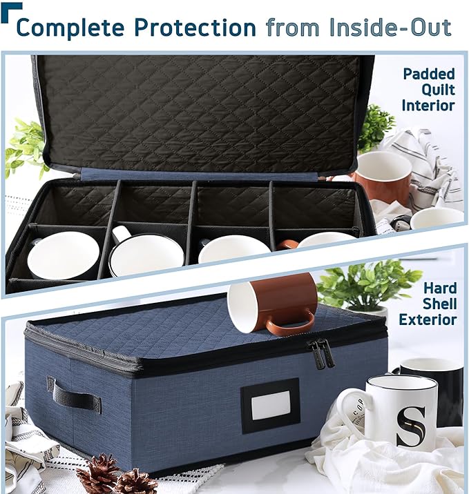 Fine China Storage Containers, 5 Piece Quilted Dish Storage Containers, Mug, Cup, and Plate Dish Organizer with Felt Dividers, Service of 12 Dinnerware Boxes for Moving, Seasonal Organization, Blue
