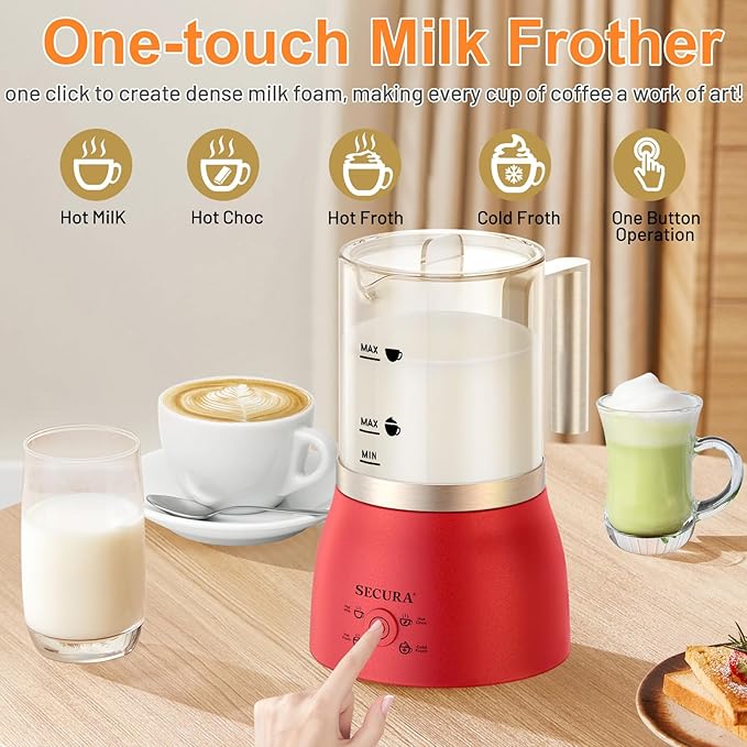 Secura Detachable Milk Frother and Steamer, 17oz Electric Milk Warmer 4-in-1 Hot/Cold Foam Maker, Teflon-Free and Non-Stick Coating-Free Glass Milk Jug, Dishwasher Safe for Latte, Hot Chocolate (Red)