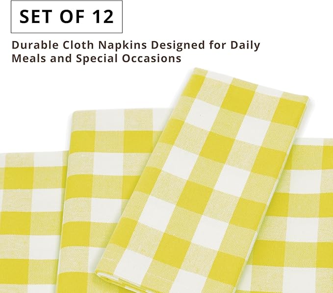 PurpleEssences Buffalo Plaid Cloth Napkins - Mitered Corners - Spring Easter Summer - Gingham Check Dinner Napkin - Set of 12-100% Cotton - 18x18 Inch - Reusable Washable - Yellow and White
