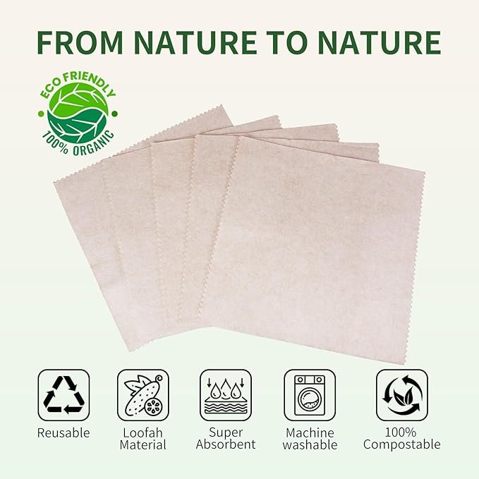 Swedish Dishcloth 10 Pack, 100% Compostable Loofah Kitchen Cloth, Super Absorbent 25x Weight, Non-Stick Oil, Reusable Cleaning Rags for Dishes & Surfaces, 7.87x7.87in