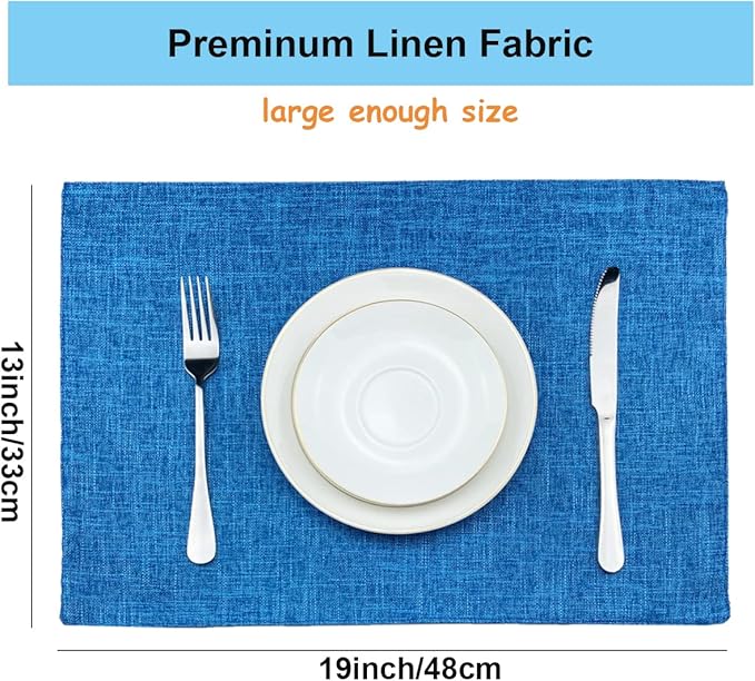 Weabetfu Cloth Placemats Set of 4 Heat Resistant Dining Table Placemmats Cotton Linen Machine Washable Kitchen Table Mats Wrinkle Free Thick Fabric Place Mats,Easy to Clean,13" x 19" Blue