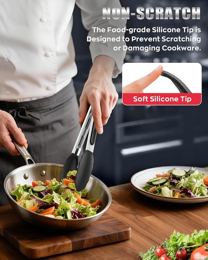 600ºF Heat Resistant Kitchen Tongs, Premium Locking Cooking Tongs with Silicone Tips, Non-Slip Food Tongs for Cooking, Non-Stick, Heavy Duty Stainless Steel Handle, Set of 3-7" 9" and 12" Black