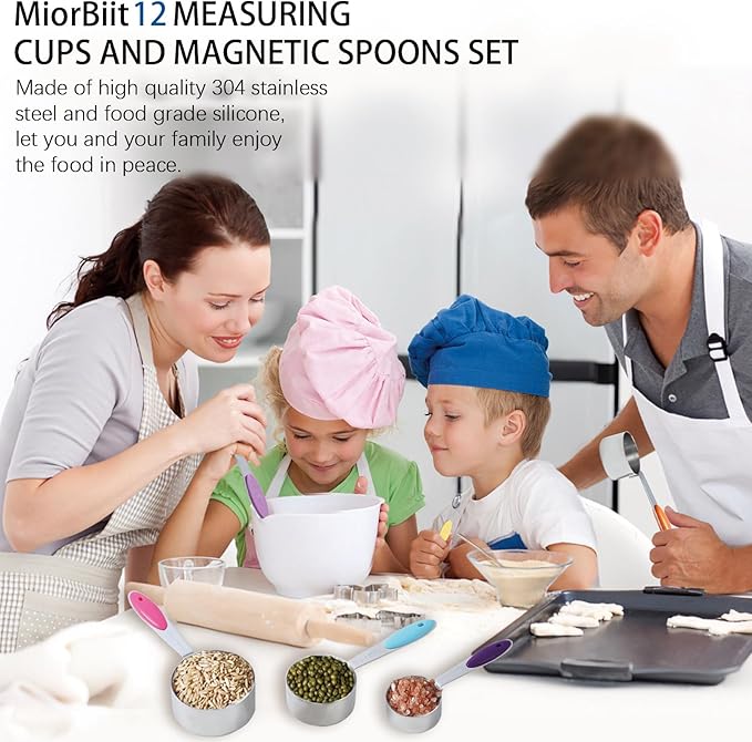 12 PCS Measuring Cups and Spoons Set Stainless Steel, 5 Measuring Cups with Colorful Silicone Handle and 6 Double-Sided Magnetic Measuring Spoons & 1 Leveler for Cooking and Baking (5+6+1)