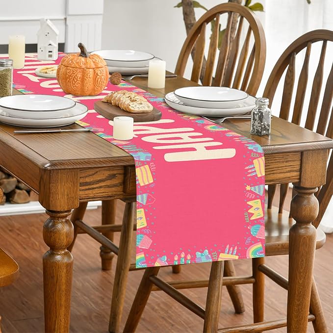 Happy Birthday Table Runner 13x72 Inch Pink Birthday Cake Box Candle Rainbow Farmhouse Polyester Linen Table Decoration for Kitchen Dinning, Indoor Outdoor Home Dinner Party (Red)