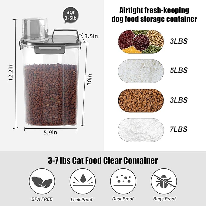 LEAWALK 3-5Lbs Airtight Small Cat Dog Pet Food Storage Containers BPA Free, with Large Pour Spout/1 Measuring Cup/ 4 Safety Locks and Double-layer Silicone Strip (Clear Black 2Pack)