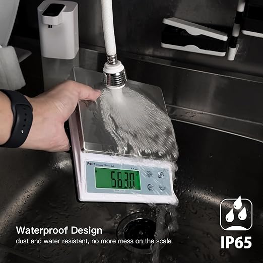 Polit Sun Lite IP65 Waterproof Baking Scale — 6.6lb/3kg Auto-Precision 0.1g/0.5g/1g Digital Kitchen Scale with Green LCD, Dual Power & Detachable Stainless Tray for Pastry, Seasoning & Daily Cooking