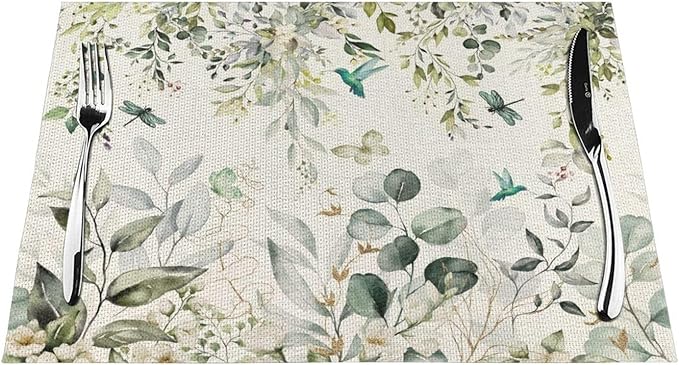 Spring Place mats Set of 4,12x18 Inches Green Floral Bird Eucalyptus Leaf Decorative Summer Decor Leaf Placemats Rectangle Spring Table Mats for Party Home Kitchen Dining Table Decoration