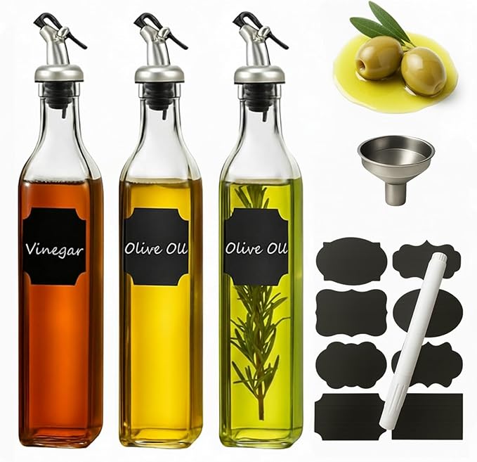WERTIOO Olive Oil Dispenser Bottle, 3Pack 17 OZ 500ml Glass Oil Dispenser for Kitchen with 3 Pourer,1 Stainless Steel Funnel & 1 Pen and 8 Label for Kitchen
