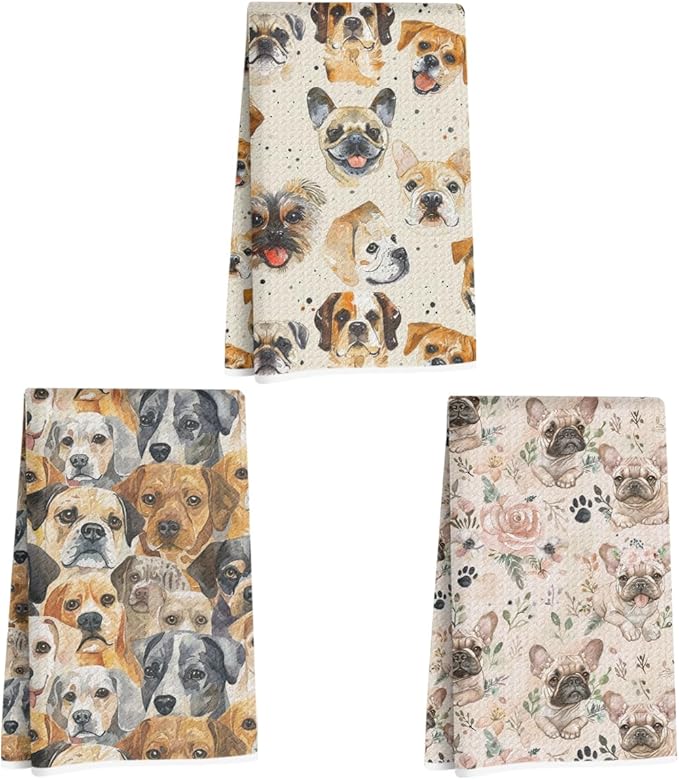 3 Pcs Vintage Dog Portrait Kitchen Towels, Cute Pug Decorative Absorbent Microfiber Dish Cloth Tea Towel, Waffle Soft Hand Towels for Kitchen Home Bathroom, Dog Lover Gifts for Women