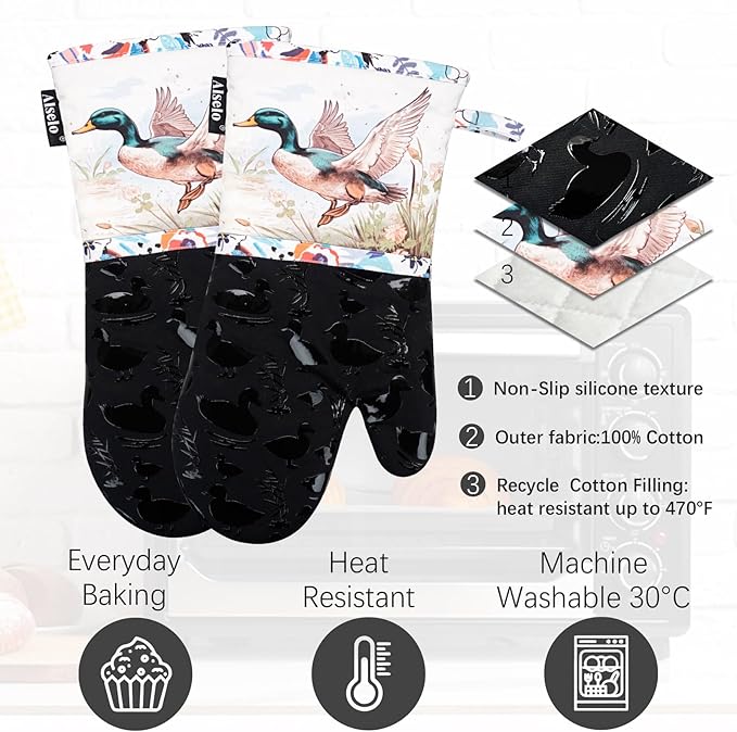Alselo Oven Mitts, Heat Resistant with Soft Quilted Cotton Lining Set of 2, Fashion Duck Design with Silicone Printing Anti-Slip Kitchen Gloves for Safe Backing Cooking Barbecue (Darkgray, Duck)