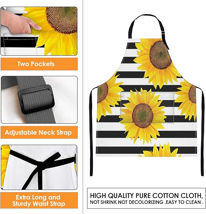 Britimes Apron Home Kitchen Cooking Baking Gardening for Women Men with Pockets Sunflowers Striped Black White Flower 32x28 inch
