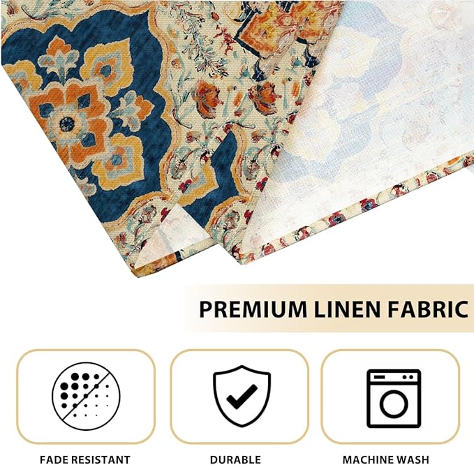 Vintage Boho Placemats Set of 4, Deep Navy Blue Warm Orange Flowers Bohemia Table Mats, Washable Heat Resistant Linen Fabric Place Mats for Kitchen Home Party Dining Decoration 12x18 Inch