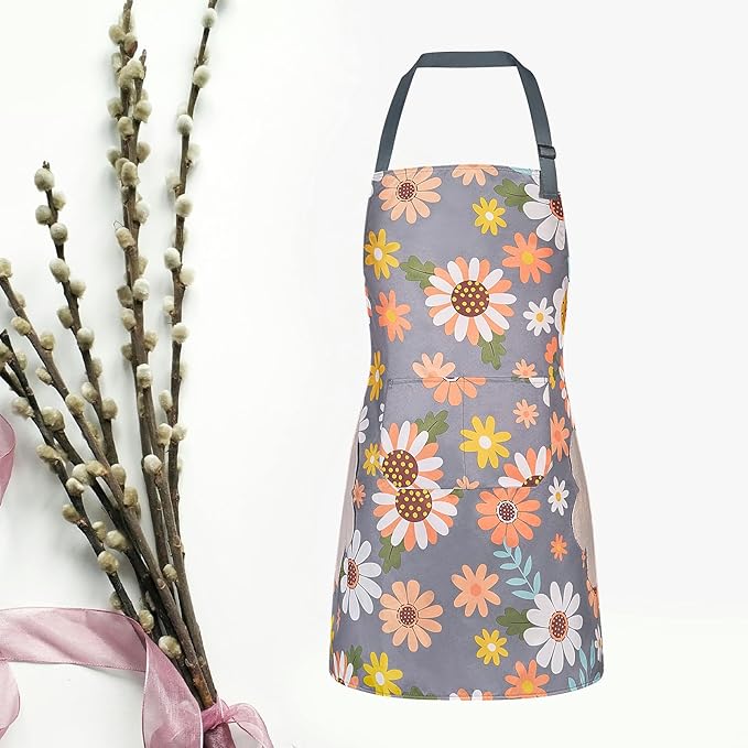 DILLMAN 2 Pack Floral Aprons with Pocket Blooming Womens Waterproof Adjustable Cooking Aprons Kitchen Gardening Salon