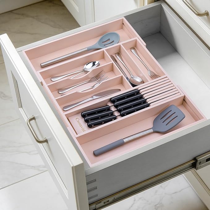 9-Piece Bamboo Kitchen Drawer Organizer Set, Expandable Silverware &Utensil Organizer with Removable Knife Block & Steak Knives, Flatware Organization, Tableware Dividers Storage(Pink)