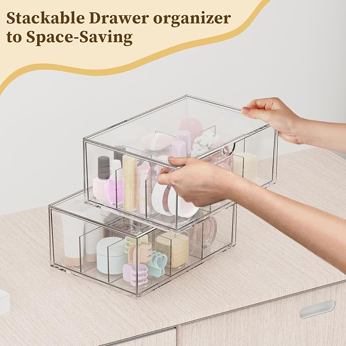 2 Pack Clear Tea Bag Organizer, Stackable Drawer Organizer with Dividers for Pantry Bathroom Vanity Kitchen - Cabinet Countertop Shelf Plastic Storage Bins for Coffee/Makeup/Cosmetic/Crafts/Jewelry