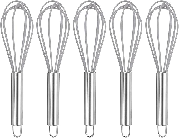 HARFINGTON 5Pcs Silicone Whisk 8" Kitchen Whisk Wire Whisks Beater with Stainless Steel Handle for Egg Milk Whisking Blending Beating & Stirring, Grey