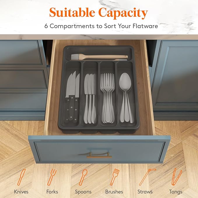 Lifewit Silverware Organizer with Lid, Covered Utensil Tray for Kitchen Drawer and Countertop, Plastic Cutlery and Flatware Storage Box for Spoons Forks Knives Holder Case, 23 x 32 cm, Black