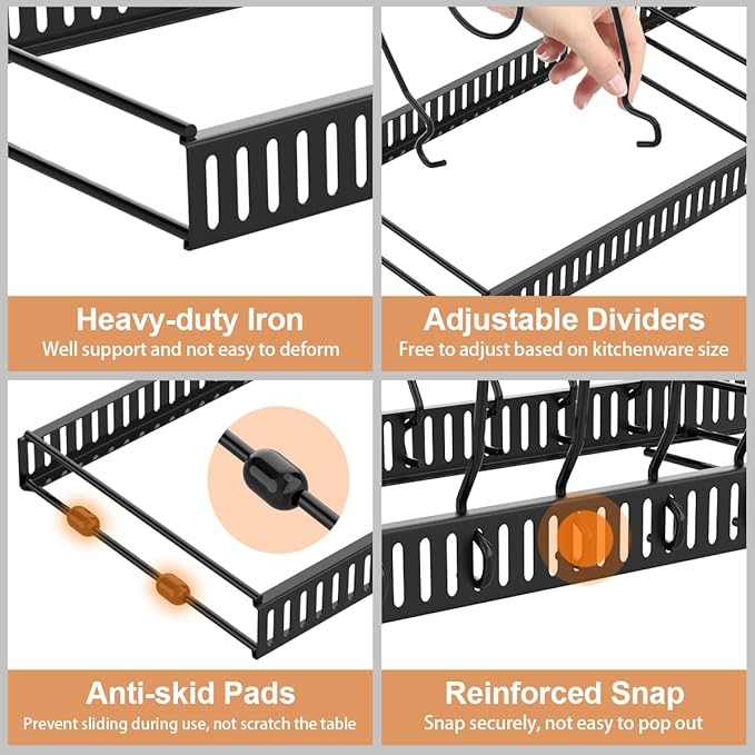 Housolution 2 Pack Pot and Pan Organizer with 14 Adjustable Dividers, 12"-23" Expandable Food Container Lid organizer Compatible with Tupperware, Pan Lid Holder Storage Rack for Cabinet, Black