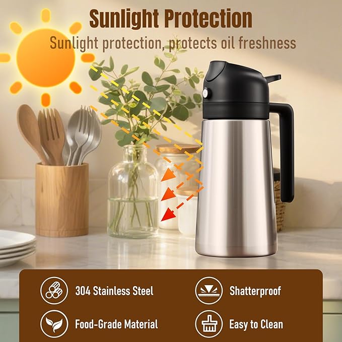 PARACITY Oil Dispenser Bottle with Stainless Steel Shell & Ceramic Sprayed Interior, 2 in 1 Olive Oil Sprayer and Dispenser, Oil Spray Bottle for Cooking, Kitchen, BBQ, Air Fryer, Salad, Baking(Black)