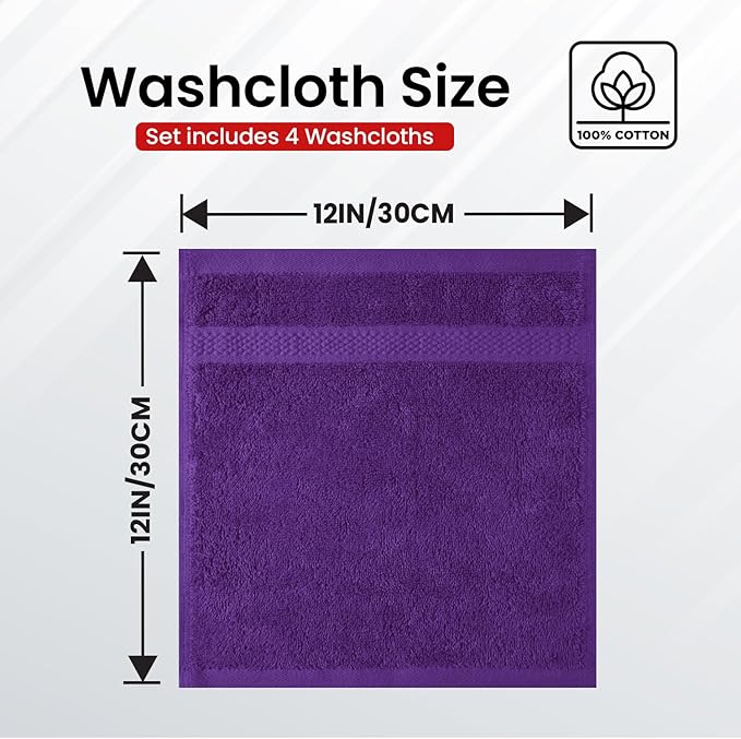 Infinitee Xclusives Luxury Wash Cloths for Showering [13x13] – 100% Cotton Washcloths [Pack of 4], Soft and Absorbent Face Towels for Bathroom Wash Clothes, Gym, and Spa (Profound Purple)