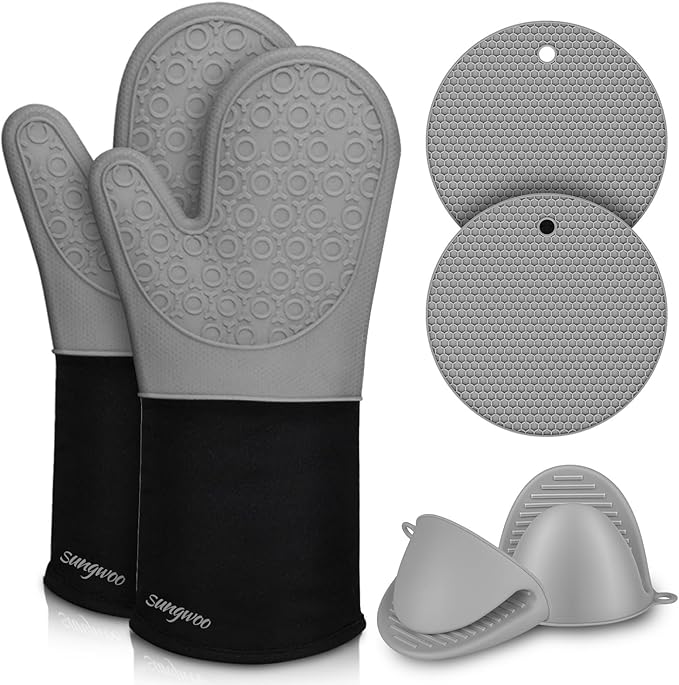 sungwoo 6pcs Silicone Oven Mitts and Pot Holders Sets, 14.6 Inch Heat Resistant Oven Gloves with Quilted Liner Non-Slip Textured Grip Perfect for BBQ, Baking, Cooking and Grilling Grey