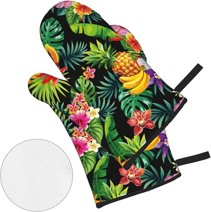 Tropical Fruit Pineapple, Palm Leaves and Flowers Oven Mitts and Potholders Professional Heat Resistant Cotton Oven Mitts Kitchen Gloves 4 Piece Set