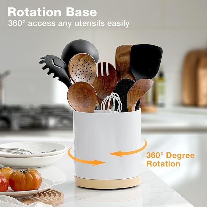 Meolibour Extra Large Porcelain Like Kitchen Cooking Utensil Holder, 360° Rotating Utensil Crock, 7.2" Unbreakable for Countertop, for Farmhouse Kitchen Decor with Rotatable and Detachable Base
