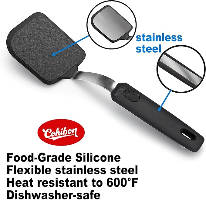Silicone Spatula Set for Nonstick Cookware, Mixed 5 Piece 600°F Heat-Resistant Kitchen Cooking Utensils Set for Egg,Pancake,Burger - Entire Stainless Steel Core with Silicone, Dishwasher Safe,Black