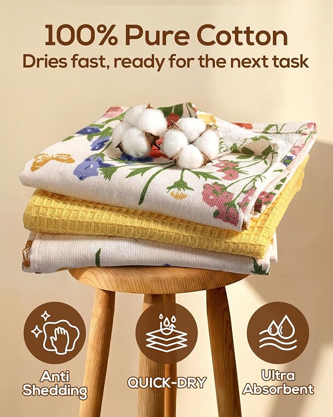Miss Adola 3pcs Cotton Kitchen Towels - 270 GSM 15x25 Inch Terry Cloths Reusable Dish Cloths for Cleaning Absorbent Soft Hand Tea Towels with Hanging Loop for Housewarming Home Decor, Retro Flower