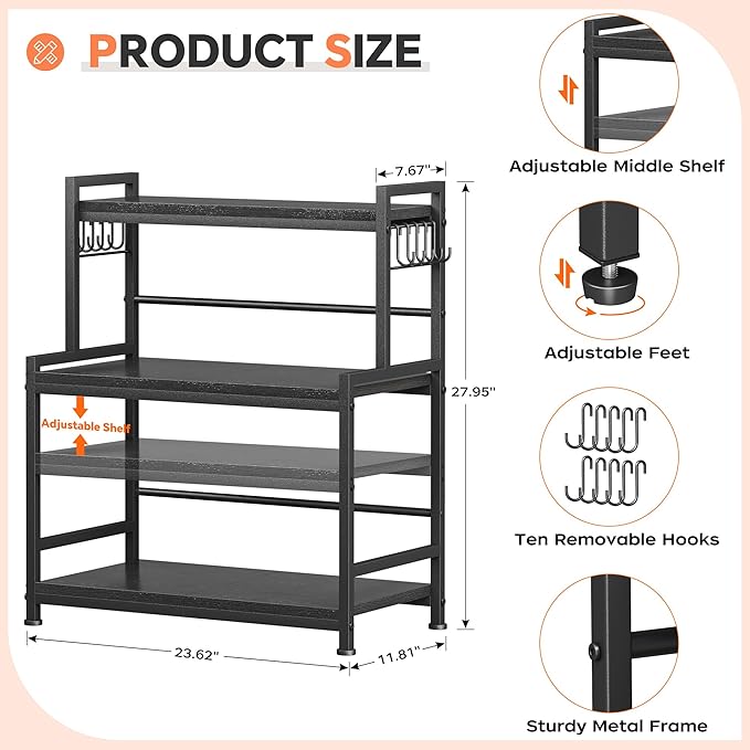 23.6"W Large Kitchen Countertop Organizer, 3 Tier Spice Rack Organizer with Adjustable Shelf and 10 Hooks, Wooden Counter Organizer, Countertop Shelf Microwave Stand for Kitchen, Coffee Bar, Black