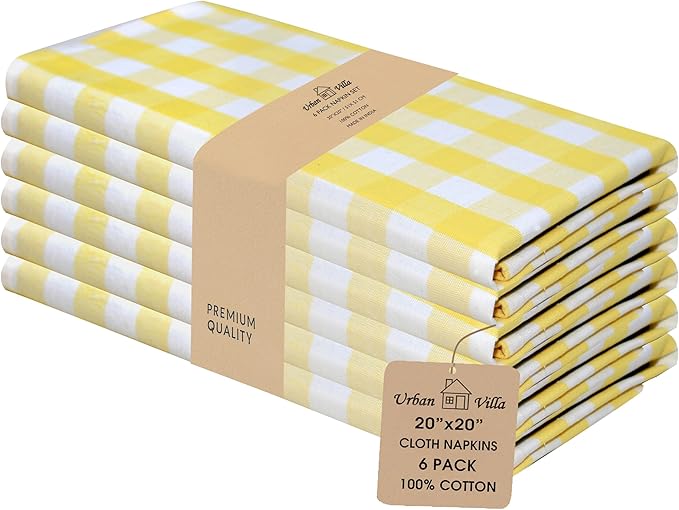 Urban Villa Cotton Dinner Napkins Set of 6, Highly Absorbent 20x20 Inches Premium Cloth Napkins Hotel Quality Reusable & Washable Table Dinner Napkins for Home & Weddings - Yellow/White, Checks